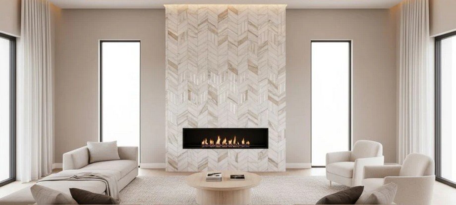 example of Using Geometric Tiles on a fireplace