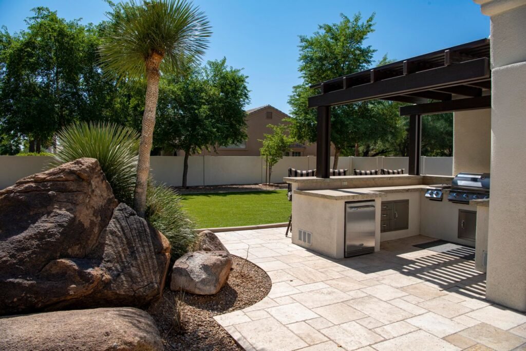 Outdoor kitchen and seating area